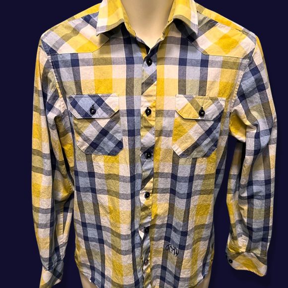 John Lennon Yellow/Blue Button Up Shirt Size Medium - Picture 1 of 6